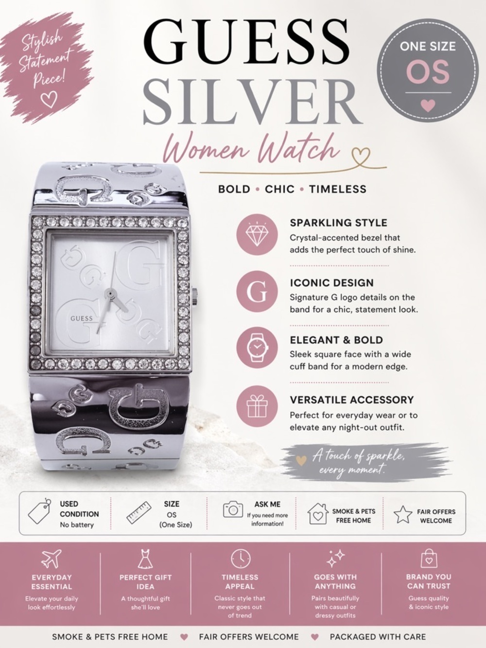GUESS Silver Logo Bangle Watch Rhinestone Square Face Women’s Watch OS